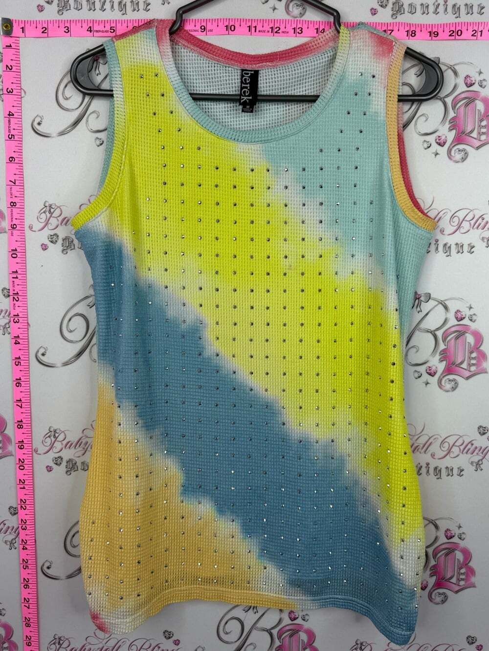 berek rhinestone tank top shirt Yellow Blue Tie-Dye Studded Sleeveless Tank